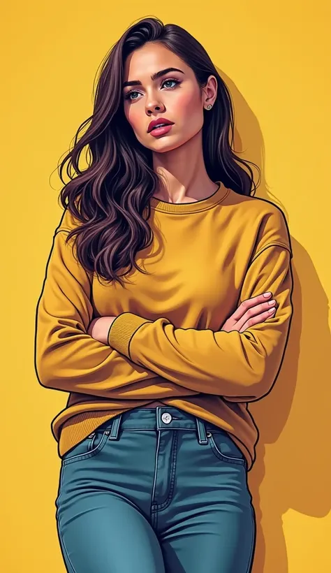 DISCREET image. with discreet casual clothes. image adult woman, american, comic book style. thoughtful. with doubt. IMAGES WITH VIBRANT COLORS.