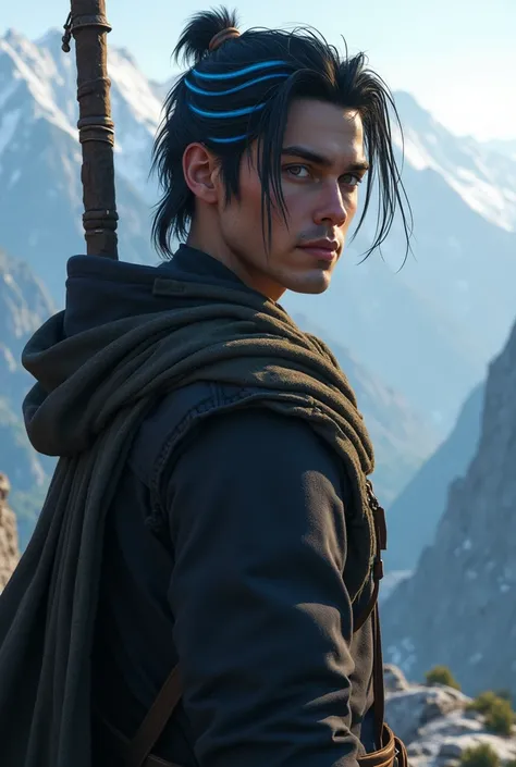 A hunter man in his twenties to thirties without beard 1.80cm tall skinny but muscular with dark eyes with a black hair with 4 blue stripes in his hairto his ears and extremely handsome In a fantasy 3d art style with a mountain background 