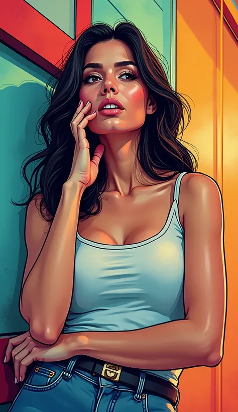 DISCREET image. with discreet casual clothes. image adult woman, american, comic book style. with his hand on his face. IMAGES WITH VIBRANT COLORS.