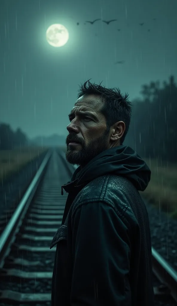 a man crying at night in the rain and moonlight on a lonely railroad track, extremely detailed face, beautiful detailed eyes, beautiful detailed lips, tears flowing down his cheeks, dramatic lighting, moody atmosphere, cinematic, realistic, photorealistic,...