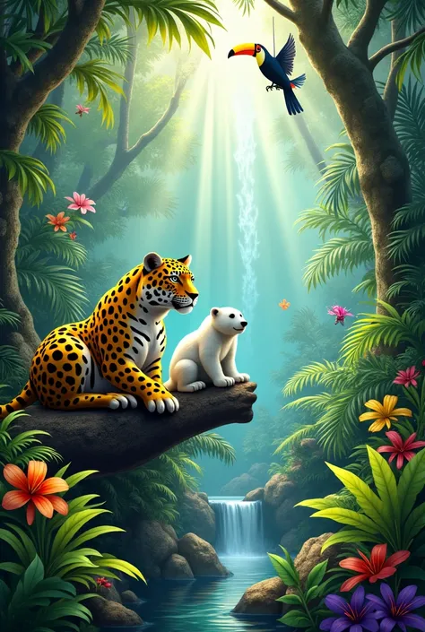  Creates a vibrant and colorful image of a tropical jungle .  The scene must be full of life and details ,  capturing the essence of this biome rich in biodiversity .
dense vegetation:
 Tall trees with bright green, leafy leaves .
 hanging lianas that inte...