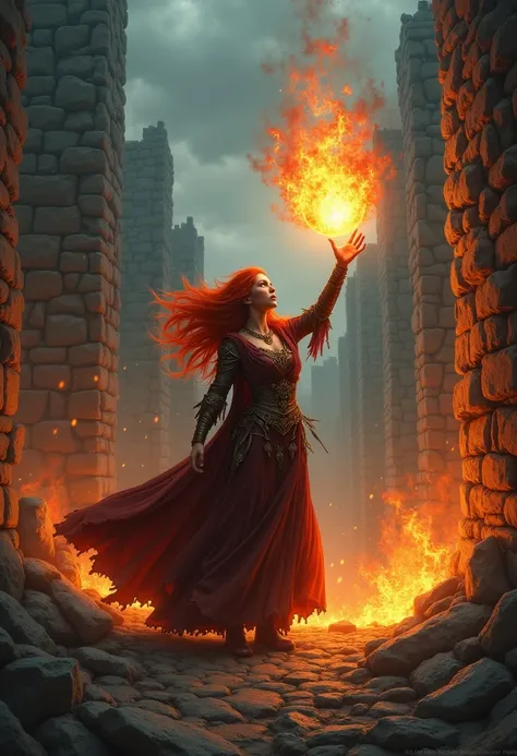 In the heart of crumbling battlements under a stormy sky, a sorceress with fiery red hair stands defiantly. She raises her arm towards the heavens, as an orb of intense fire roars to life in her hand, casting ominous shadows over the broken stone. Her eyes...