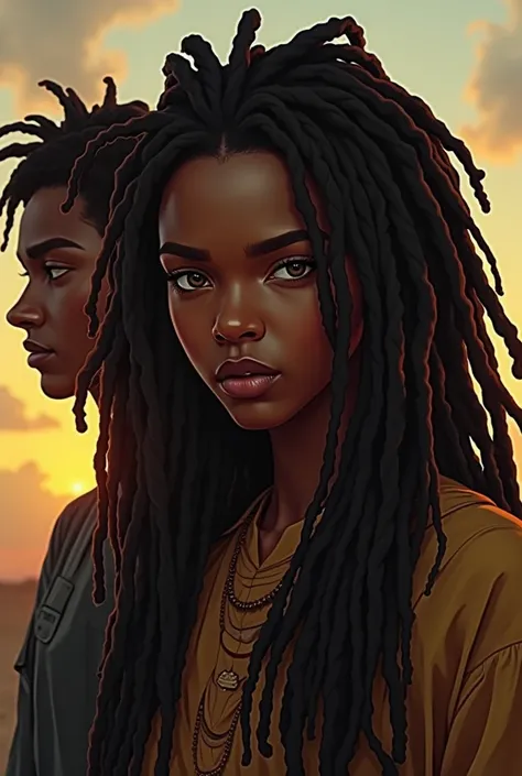 I want an image with three characters: Of a black one in the center ,  black with brown eyes and long brown dreadlocks ,  full lips. A black boy, com dreadlocs curtas,  green eyes.   and another black boy with shoulder-length dreadlocks , thick shadows and...