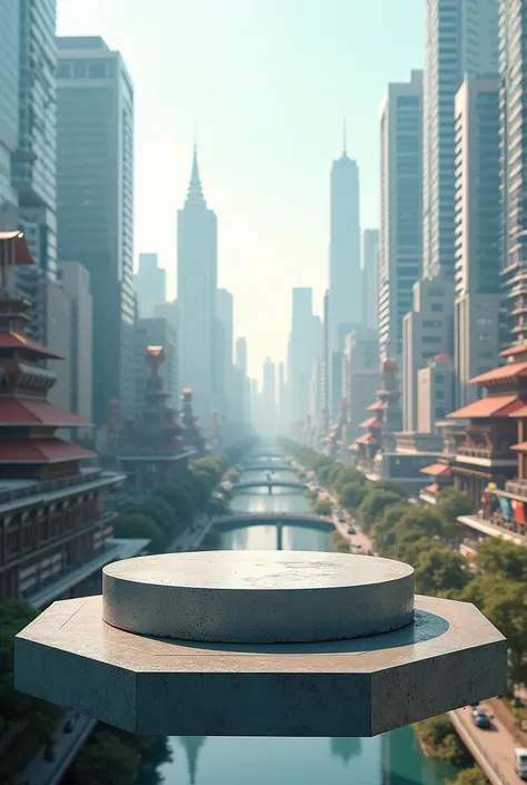 A background picture of real indian modern cityscape , and a small concrete round podium in the middle of cityscape in air.