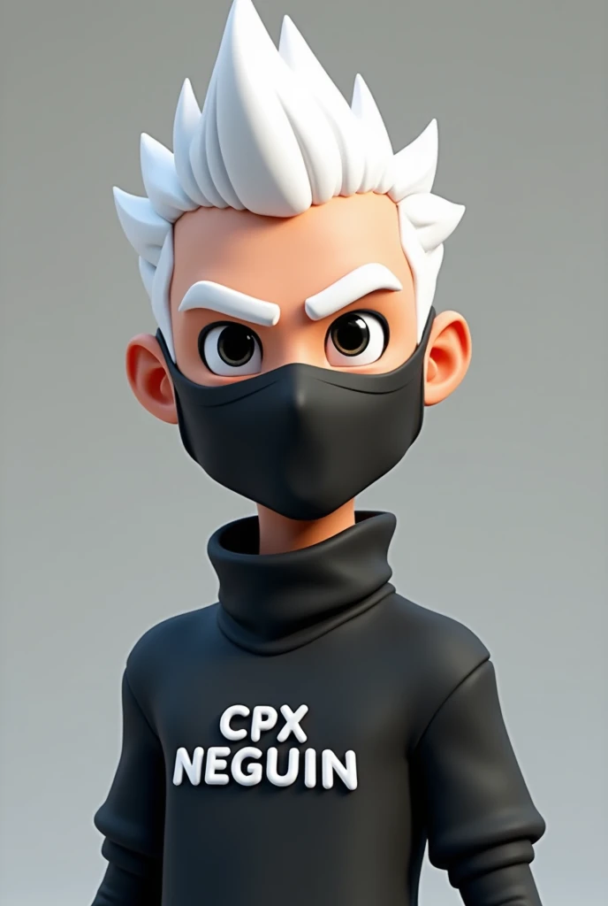 3d Cartoon style man character, with pointed white hair , with black eyes,  dressed in a black turtleneck "CPX Neguin", with a mask covering the nose and mouth 