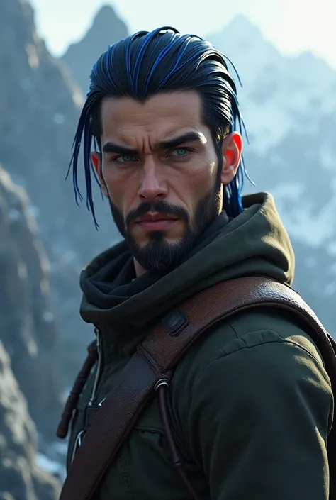 A hunter man in his twenties to thirties NO beard 1.80cm tall skinny but muscular with dark eyes with slick back black hair with 4 blue stripes in his hairto his ears and extremely handsome In a fantasy 3d art style with a mountain background 