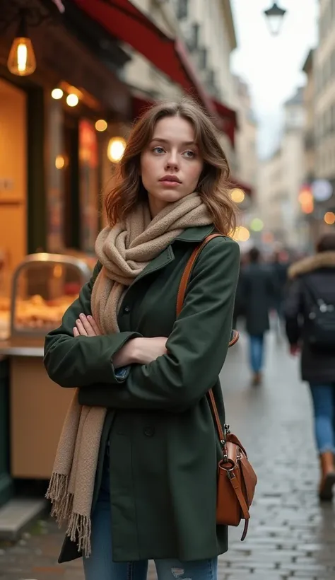 The girl is in her early twenties, standing on a bustling European street on a chilly late autumn day. She has wavy, shoulder-length brown hair with a few golden strands catching the faint sunlight peeking through a cloudy sky. Her pale skin is tinged with...