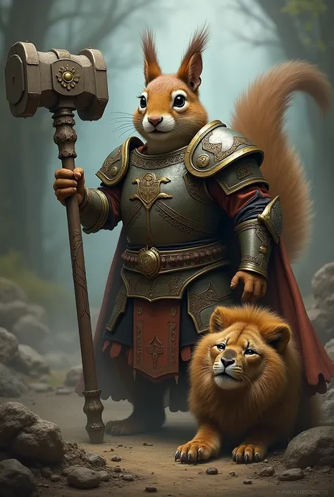 Large squirrel in warrior clothes with a large hammer in his hand and a small lion with a seated mane crying with his head down and a peeled eye around him