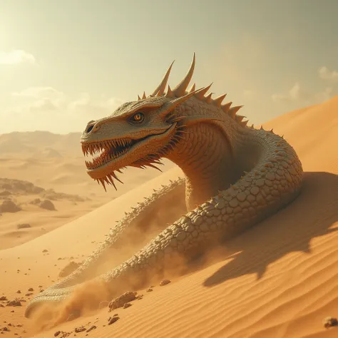  In the vast and merciless deserts of Trembling ,  where the sun burns mercilessly and the landscape extends endlessly ,  the Desert Dragons hide ,  that transformed the dunes into their home and hunting ground .  Approximately 32 meters long ,  Serpent dr...