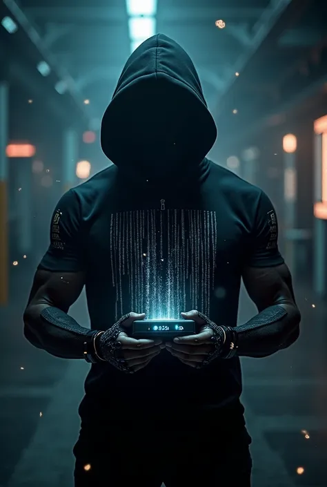 A muscular East Asian male in a black techwear hoodie with glowing blockchain binary code patterns, face obscured by digital pixelated fog, cybernetic arms holding a quantum computing device, dark gym environment with floating cryptocurrency symbols, neo-n...