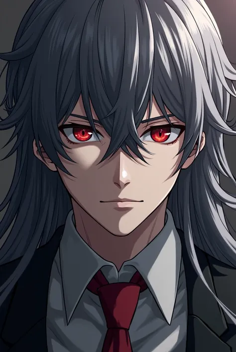 a close up of a person with long hair and a tie, he has dark gray hair,  handsome face in the art of demon slayer , drow bonito, ,  male anime character, alucard, Anor Londo, lindo macho drow,  from berserk, Silas,  Johan Liebert mixed with Alucard, fire e...