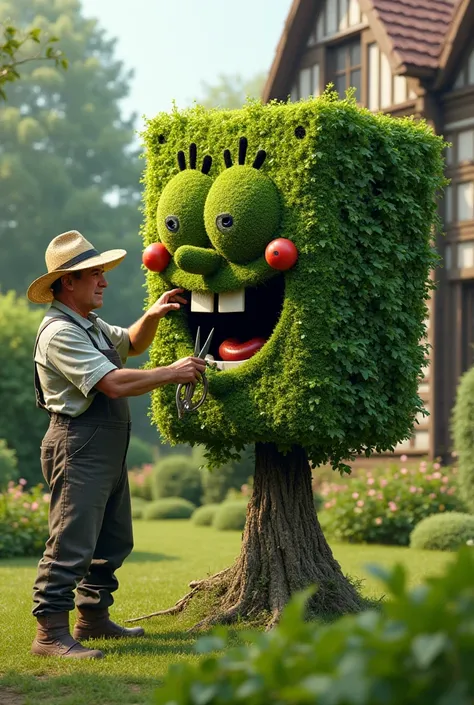 Farmer pruning a shrub in a house that has the shrub in the shape of a SpongeBob,