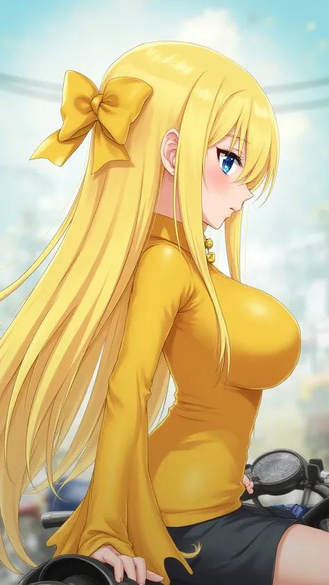 Anime girl with long yellow hair , blue eyes ,slender ,yellow jump sute ,big boobs ,big yellow bow in her hair, on a motorcycle bike, hot,sexLong Hair, Masterpiece, High Resolution, Long Hair, Large breasts, Closed Mouth, From Side, 