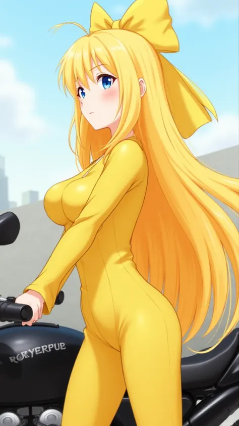 Anime girl with long yellow hair , blue eyes ,slender ,yellow jump sute ,big boobs ,big yellow bow in her hair, on a motorcycle bike, hot,sexLong Hair, Masterpiece, High Resolution, Long Hair, Large breasts, Closed Mouth, From Side, 