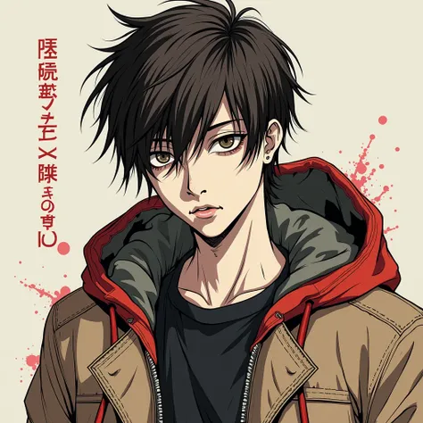 White man aged 20 and 1 ,80 tall ,  wearing a jacket with reddish details and a hood ,  and a black shirt , Wearing season pants (1989),  the man has dark brown hair tucked up along with a fringe
( do it in a manga style reminiscent of Junji Ito but mixed ...