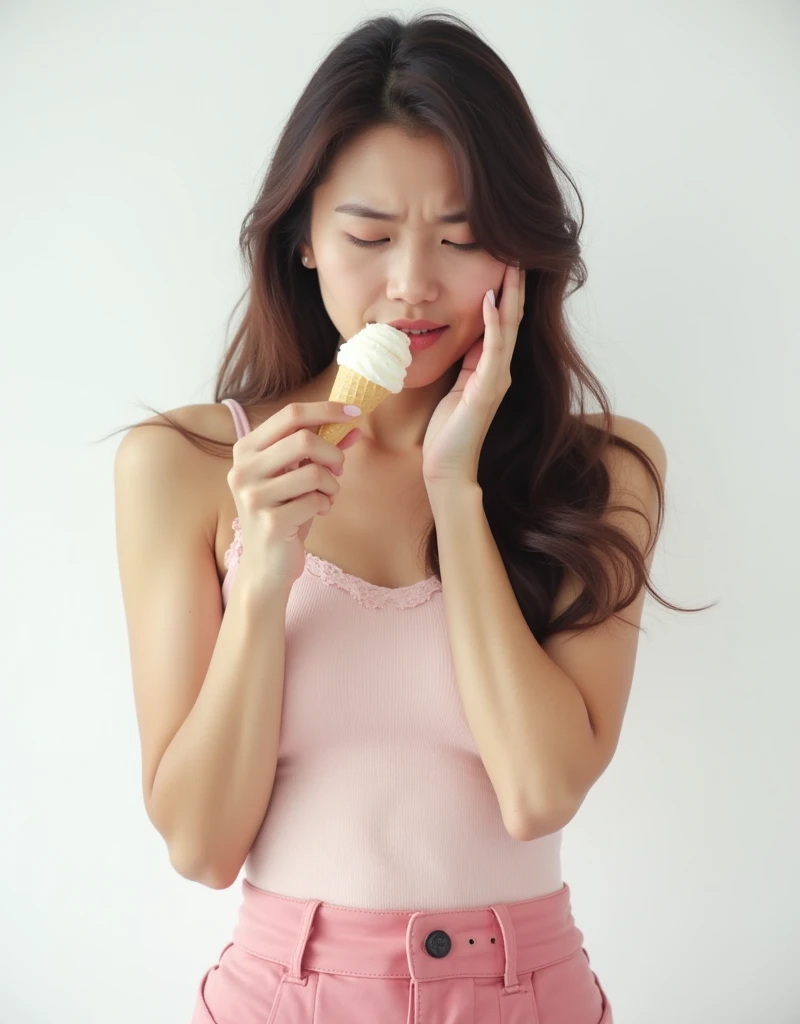 "Nang Hong", a beautiful 28-year-old woman, wearing a pink belt, showing all her hair. She is "gesturing towards a severe toothache", her right hand on her cheek, her left hand holding an ice cream cone. The image is in candy tones, realistic, studio light...