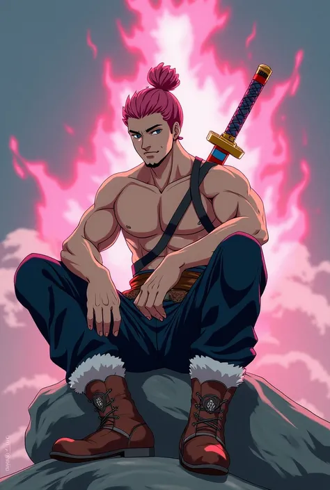 anime character with muscular but natural body with pink hair with a bun, thin beard, just a sword with a red body and blue guard on the back with a yellow scabbard, black pants, leather belt with silver buckle, leather boots brown with white fur like an o...