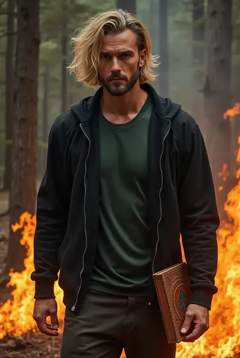   handsome man with tall and muscular tanned skin with shoulder-length blond hair and short beard , dressed in a black sweatshirt with a dark green t-shirt wearing a book of spells being surrounded by fire , in a forest with dead trees in combat position 