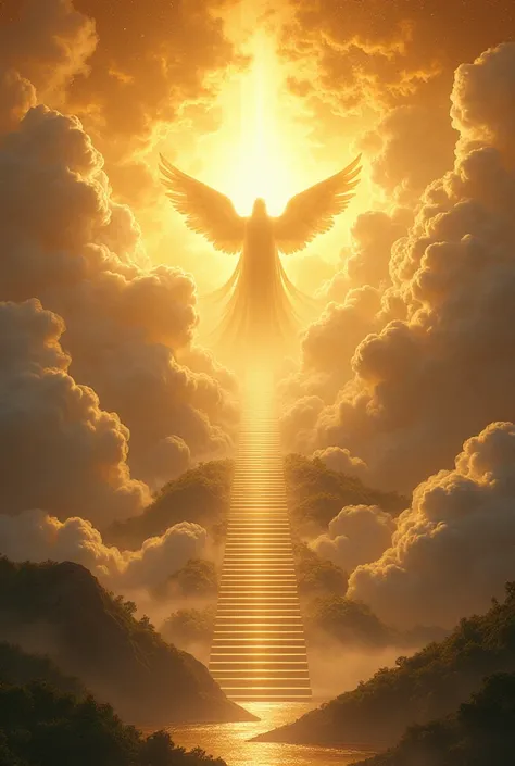 
"A panoramic view of the seventh heaven, where the throne of God is carried by giant angels, around it are clouds of golden light. Under it, pearl stairs rise leading to the steps of Paradise, where gardens are seen overlapping rivers and tents of light, ...