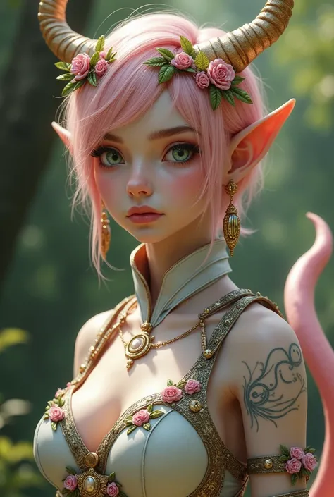 A realistic adult woman of 1 , 60 meters high ,  with thin white skin ,  of a mature but serene appearance .  has short hair , pastel pink ,  with soft horns and curved decorated with pink leaves and flowers.  She wears a finely crafted elven crown ,  with...