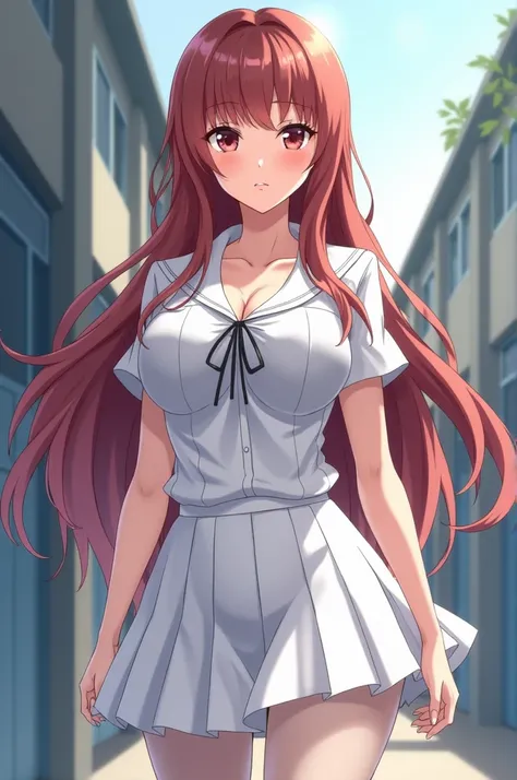 Popular girl of school, European, beatiful face, she wear white school uniform, school skirt and Pantyhose. Big boobs, medium ass, small waist, Arrogant and self-righteous, 1girl, Solo, High Resolution, Long Hair, Breasts, Looking at viewer, Anime Style, 