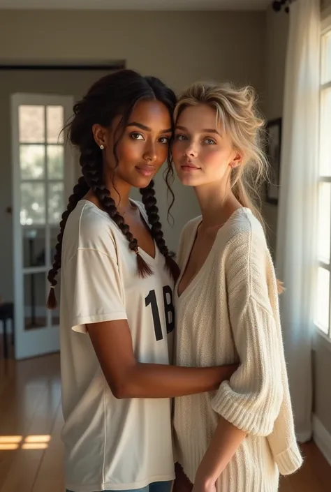 Create for me two realistic girls in love, one with tanned skin, hazel eyes, two braids and an oversized T-shirt with a number on it, and the other tall with fair skin, blue eyes and short hair that is tucked behind one ear, wearing a large sweater and a b...