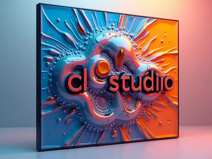 A vibrant, abstract artwork featuring the logo of "CL-STUDIO" in a stylized, 3D render style, created using acrylic pouring technique, placed on the left side of a rectangular frame, with a smooth, glossy finish, surrounded by a subtle, gradient background...