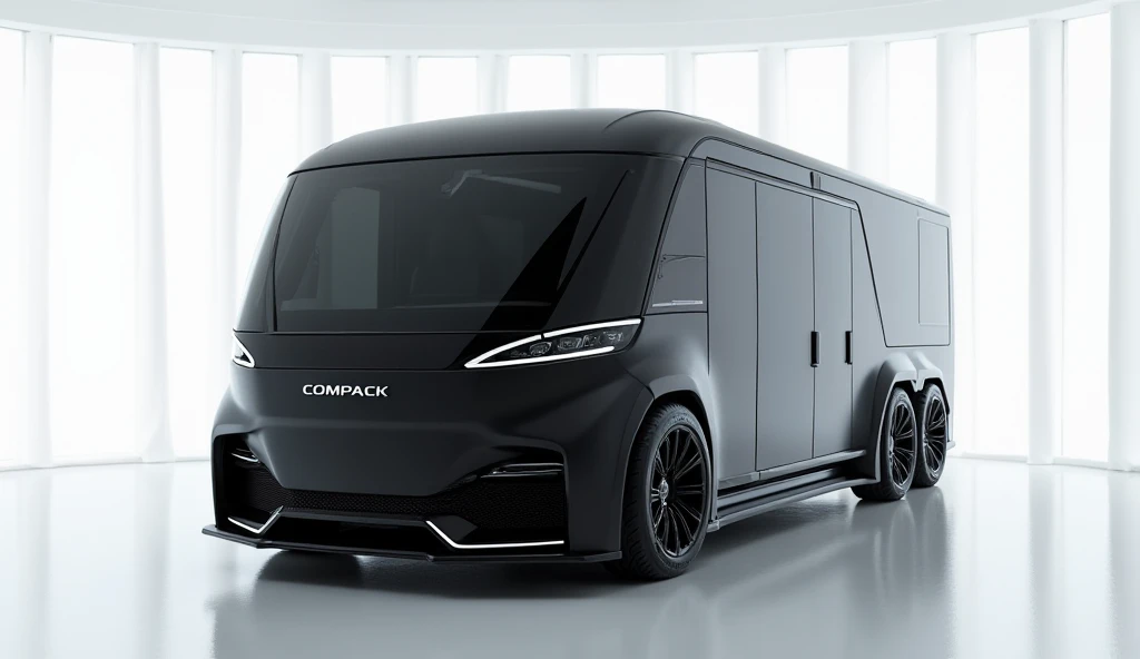 A captivati(Dodge Compack Motorhome 2025) taking center stage in a luxurious white showroom. The futuristic, vibrant (Black)exterior gleams, showcasing its sleek, aerodynamic design and bold accents. The Right view highlights the cutting-edge innovation an...