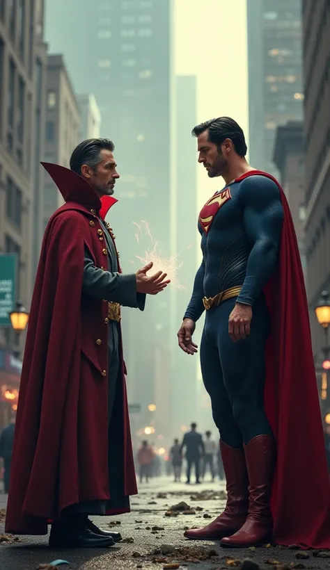 Doctor Strange explaining to Superman what happened to him in the city: ultra real and professional images