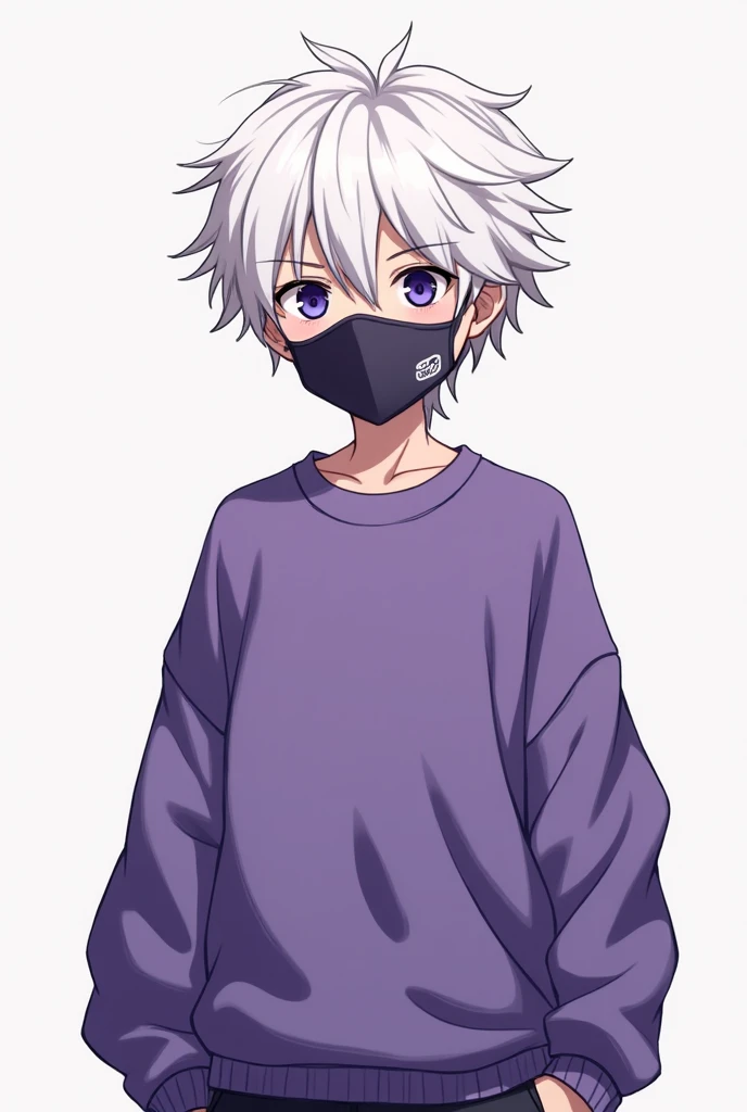 Anime manga  boy with white hair and a purple sweatshirt and mask 