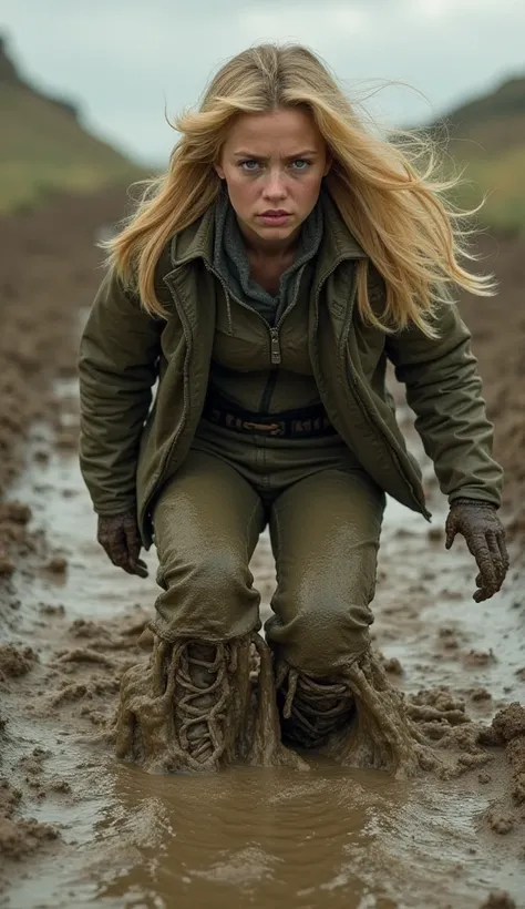 Blond woman, deep mud, doc martens ankle boots, loosing boot in mud