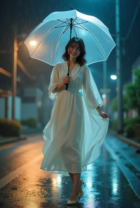 "Rinko Kikuchi is wearing a white, sheer, translucent housedress, standing in the middle of a rainy night in a levitation-style photoshoot. She is holding a transparent umbrella that looks as if it is taking her flying, creating a magical effect. Her face ...