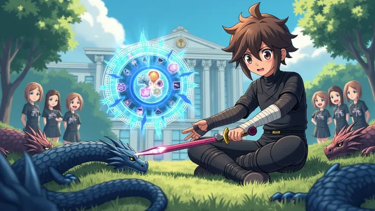 Anime style illustration:  a young warrior with disheveled brown hair and a determined look sits on the grass in a fighting pose.  He is dressed in black combat clothing with bandages and bandages on his arms . In his hand, a weapon , shining with powerful...