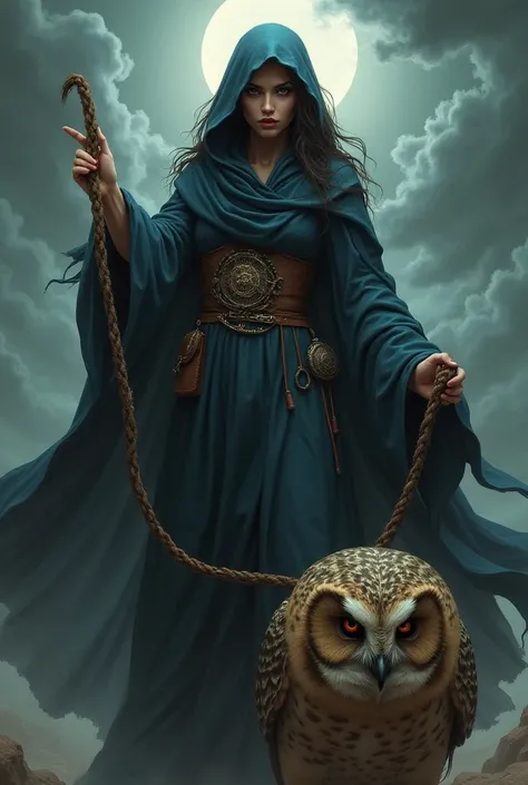 witch with an angry owl on a leash