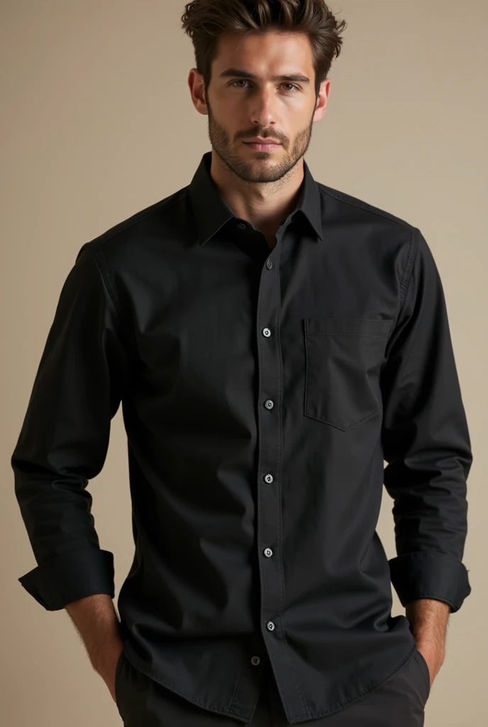  Create an image of a linen shirt for men (  color black ) is for sales advertising 