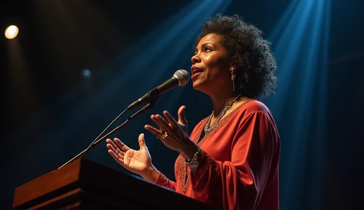 An ultra-realistic photograph of an evangelical woman on stage gesturing with her hands in adoration. The woman is focused and expressive, standing out clearly from the background, which is slightly out of focus. The image was taken with a Canon 5D Mark II...