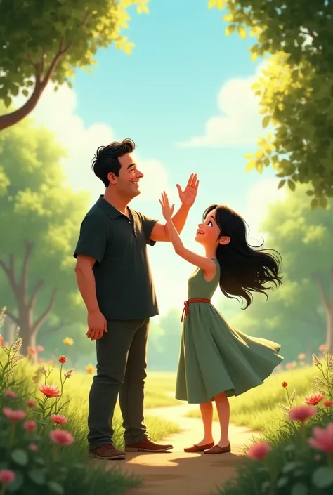 Create an image of a 45-year-old father with a tummy and his daughter singing among nature next to each other comment with their hands raised to the sky, average-height father short hair black dress shirt and pants ,  15-year-old daughter with long black h...