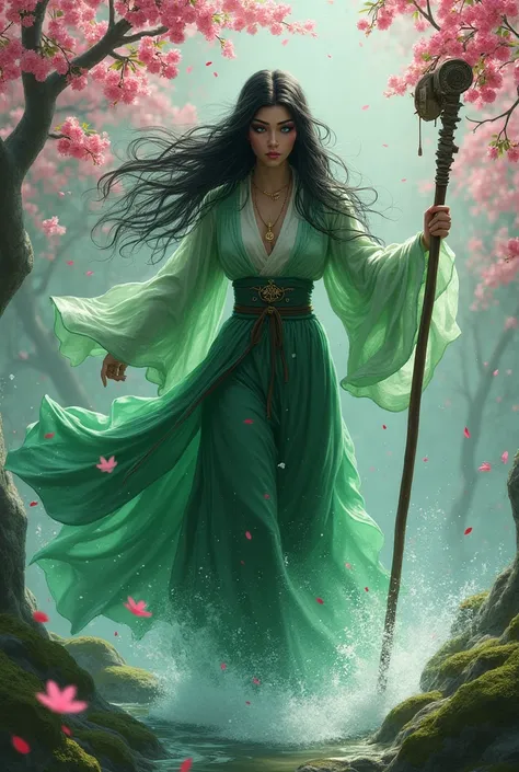 Fury water, Female, long black hair, pale red skin, Emerald eyes, Cherry blossom cape, Cherry blossom hat, Cherry wood staff, fighting toegther with nature, 