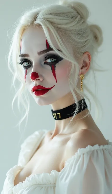 
"Depict a delicate yet mysterious female clown with a gothic yet elegant aura. Her white hair is styled in a slightly messy updo, with loose strands subtly framing her face, giving her a natural yet sophisticated look. Her makeup mirrors the first referen...