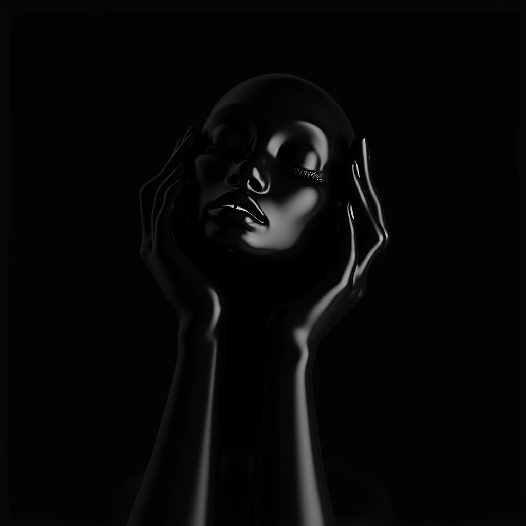 Against a stark black backdrop, a glossy, monochromatic figure emerges, sculpted in the form of a woman's head and shoulders. Her features are stylized and smooth, devoid of intricate details beyond the subtle contours of her face, which is tilted slightly...