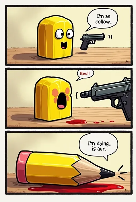  A comic with 4 scenes
The first scene where a yellow pencil appears with eyes and mouth that says:  I'm the color yellow
Scene 2 :  the color red comes and with a gun shoot the yellow one with a gun
Scene 3 :  the yellow pencil is dying and say , I'm dyin...