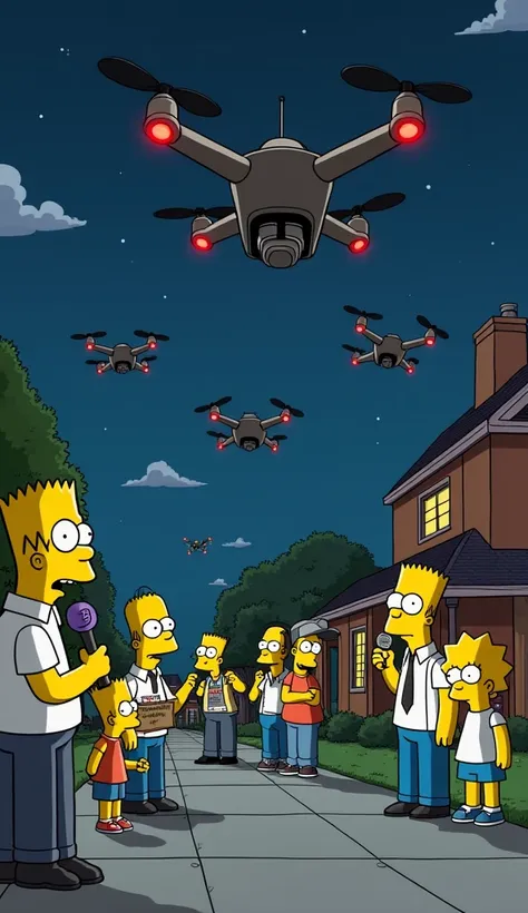 *"An animated scene in the classic The Simpsons style. The citizens of Springfield stand scattered along the sidewalks, parks, and rooftops, all gazing upward with expressions of curiosity, concern, and paranoia. Above them, several dark, sleek drones with...