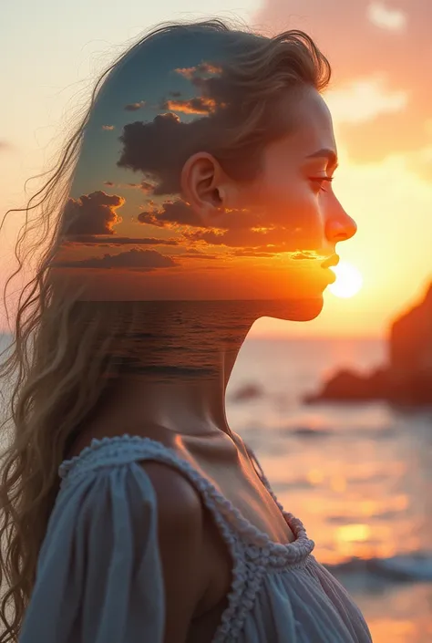  high quality,  8k Ultra HD , Uma bela double exposure que combina uma silhueta de deusa com a costa ao pôr do sol,  the coast at sunset should serve as a backdrop ,  with its details embedded in the goddess, sharp lines, The background is monochromatic, s...