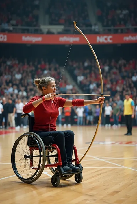 photo réaliste, haute définition, masterpiece : femme française au teint mat (elle a des origines asiatiques), 53 ans, cheveux poivre et sel ; elle est en fauteuil roulant et elle est en train de tirer à l'arc (arc à poulies) au cours d'une compétition (on...