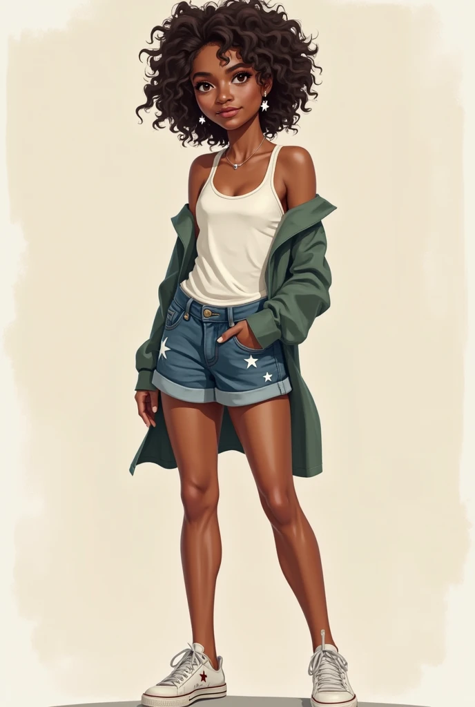 Create a young woman, around 23 years old, with short curly hair down to her neck with skin tone but not too dark, brown eyes, short denim shorts, a tank top and an open top shirt with long sleeves, star tennis shoes, earrings .