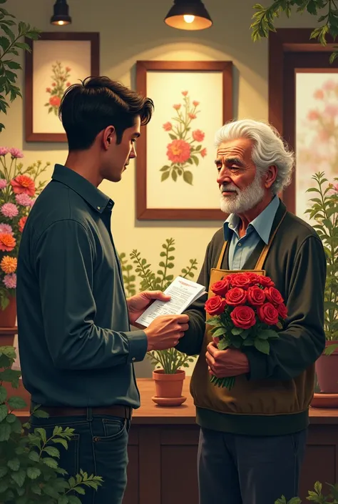  A young man showing a bank statement to an elderly seller at a flower shop .  The seller holds a bouquet of roses and looks at a picture frame on the wall with a serious face .