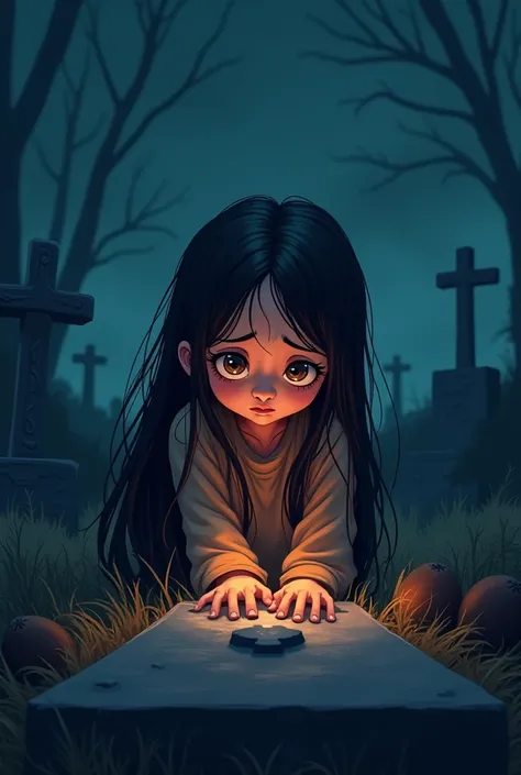 Cartoon young girl with long hair and colored eyes over her brother's grave sad and upset with dark environment