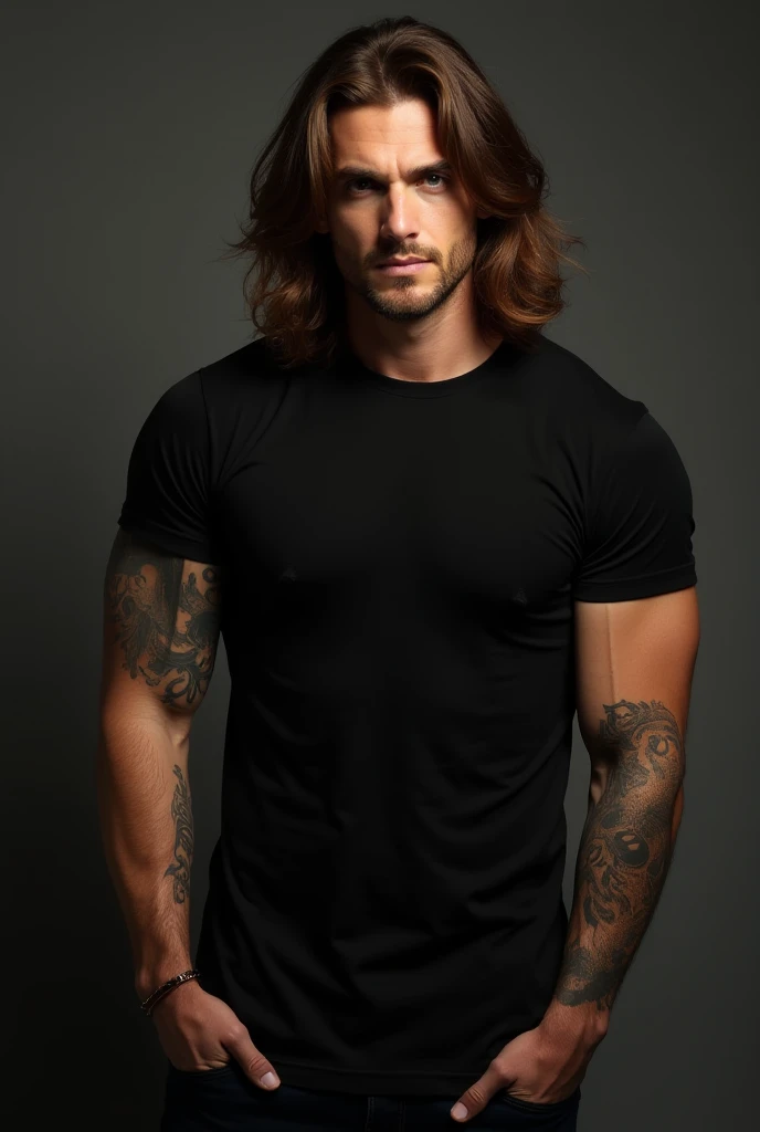  I want a high-quality image I want the image of a man with long brown hair that reaches lower than his neck. To wear striking ,  black shirt that fits his muscles .  His amber eyes and his square and perfect face .  That he has tattoos on his arms and tha...