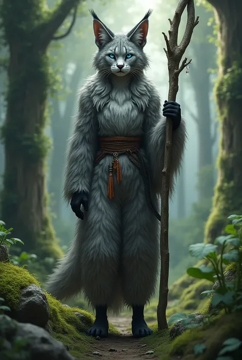 Kajit, woman, druid, tabaxi, realistic lynx face, gray wool, fluffy ears with earrings, long hair, blue eyes, against the background of the forest, staff in the hands, full-length