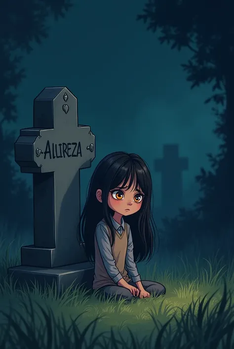 CARTOON OF A YOUNG GIRL WITH LONG DATE HAIR AND COLORED EYES SITTING NEXT TO HER BROTHER'S GRAVE IN A DARK ENVIRONMENT NAMED ALIREZA